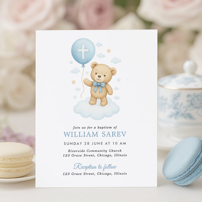 予算男の赤ちゃんバプテスマ招待状とテディ (Budget-friendly baptism invite with teddy and cross balloon – pastel tea party setup)