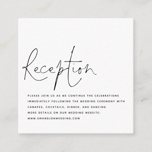 予算白黒スクリプトウェディングレセプション エンクロージャーカード (正面)