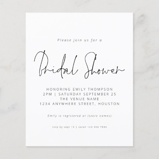 予算白黒スクリプトブライダルシャワー招待 (正面)