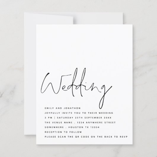 予算白黒スクリプトQRコード結婚式の招待 (正面)