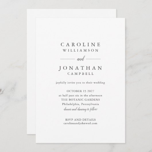 予算白黒セリフのミニマルな結婚式の招待 招待状 (正面/裏面)