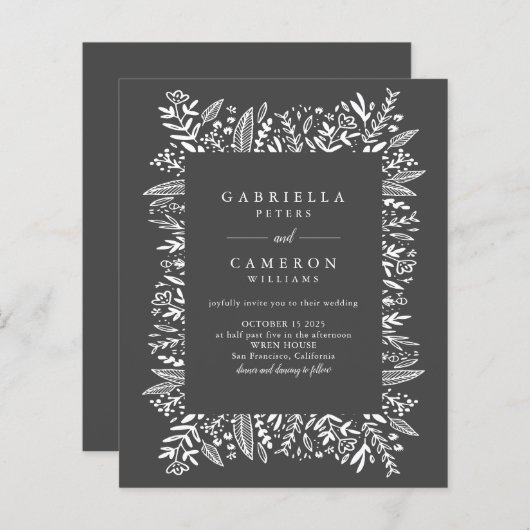 予算白黒フローララインアートウェディング招待 (正面/裏面)
