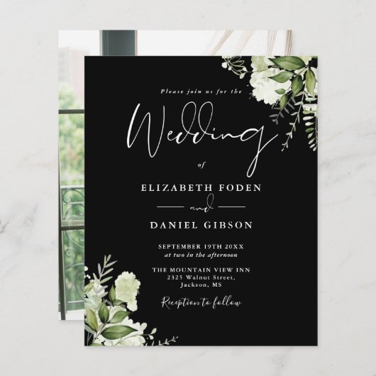 予算白黒フローラ写真結婚式招待状 (正面/裏面)