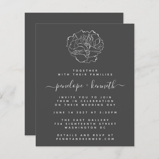 予算白黒ミニマルフローラ結婚式 (正面/裏面)