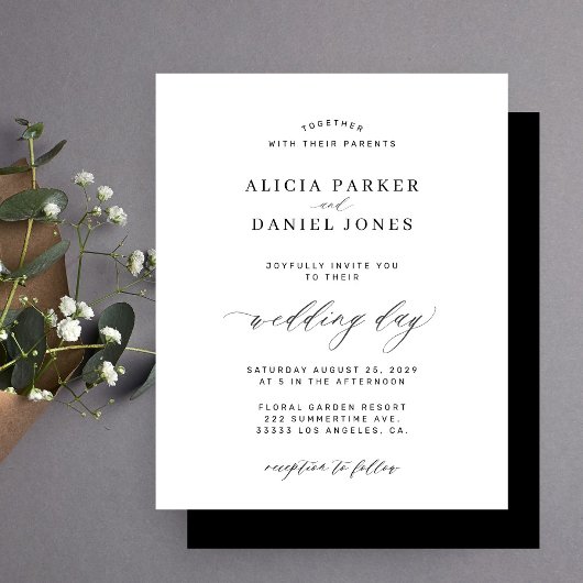 予算白黒ミニマル結婚式招待状