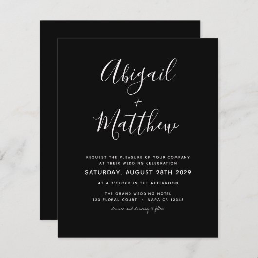 予算白黒ミニマル結婚式招待状 (正面/裏面)