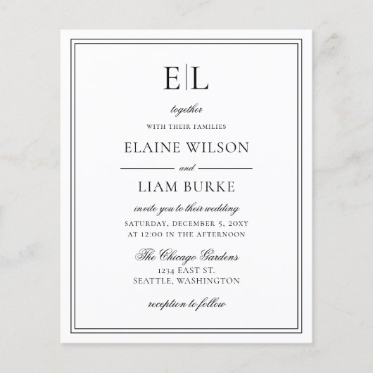 予算白黒モノグラム結婚式招待状 (正面)