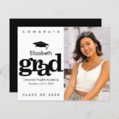 予算白黒写真卒業キャップ招待状 (正面/裏面)