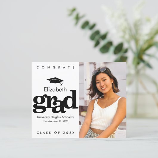 予算白黒写真卒業キャップ招待状 (スタンド正面)