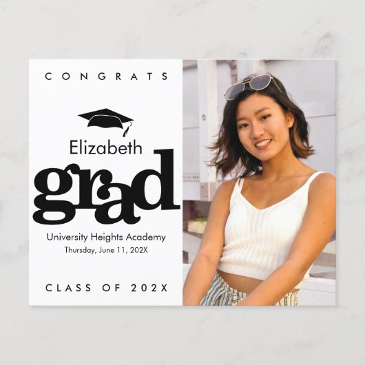 予算白黒写真卒業キャップ招待状 (正面)