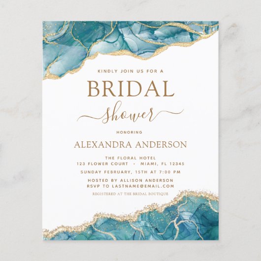 予算目標ターコイズブライダルシャワーティール(緑がかった色)金ゴールド チラシ (正面)