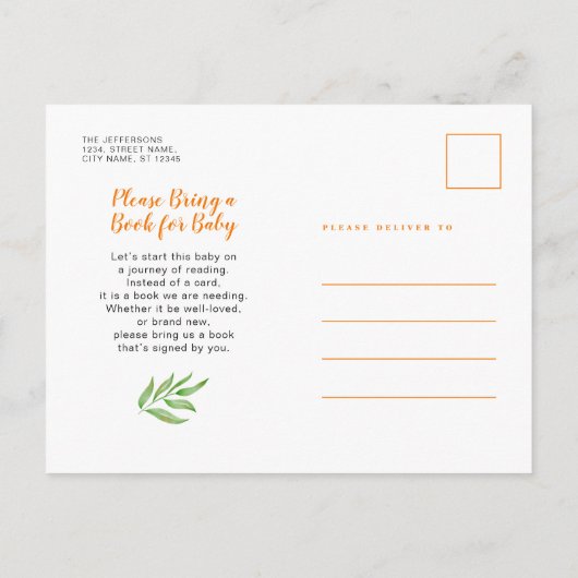 予算秋の葉かわいい植物性ベビーシャワー インビテーションポストカード (裏面)