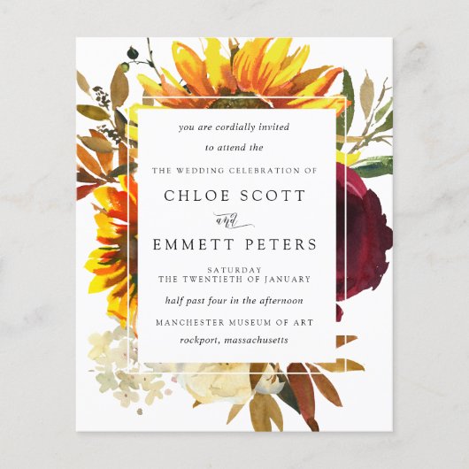 予算秋サンフラワーズバーガンディ結婚式招待状 (正面)