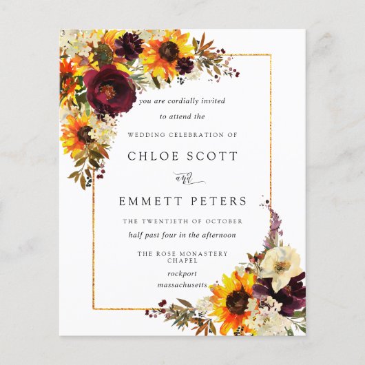 予算秋フラワーズヒマワリ結婚式招待状 (正面)
