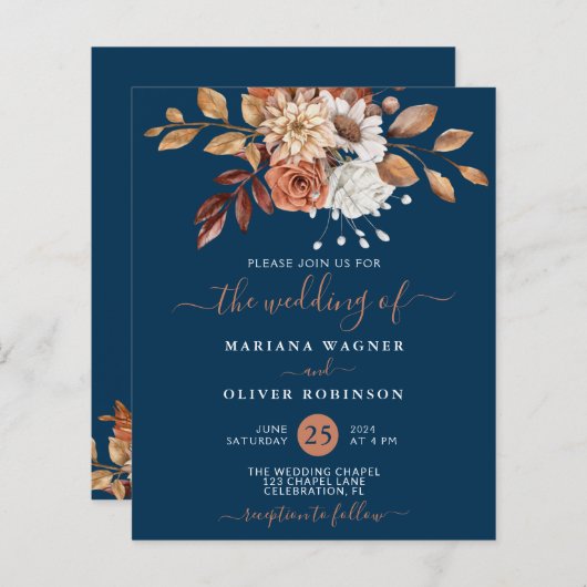 予算秋フローラオンネイビーブルー結婚式招待状 (正面/裏面)