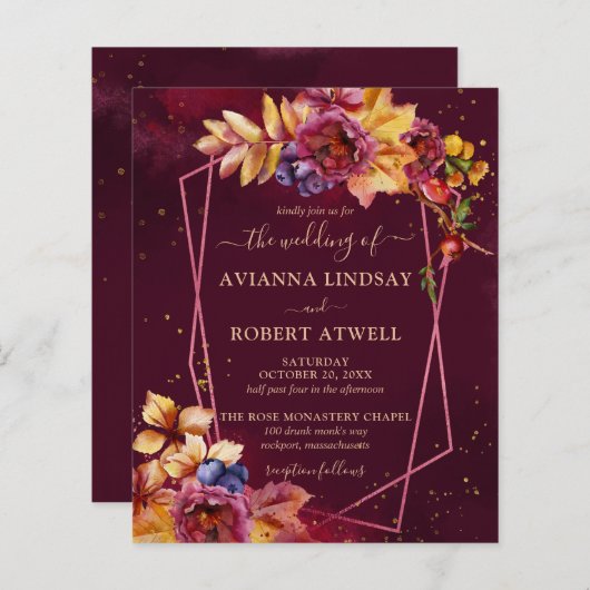 予算紅葉花バーガンディ結婚式の招待 (正面/裏面)