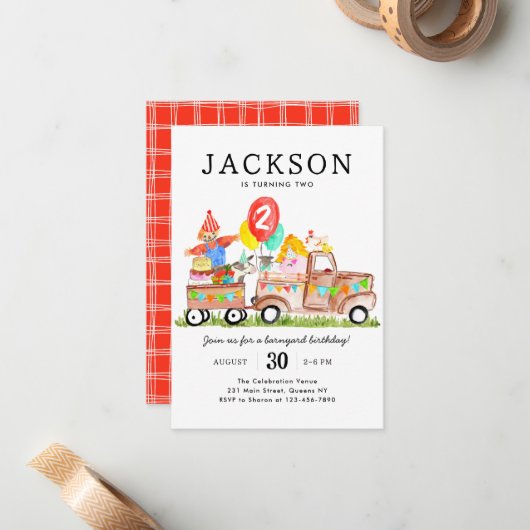 予算納屋周囲の庭動物トラックキッズファーム誕生日 ノートカード (正面/裏面インサイチュ)