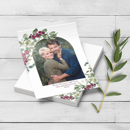 予算紙バーガンディーグリーンリーアーチクリスマスカード チラシ