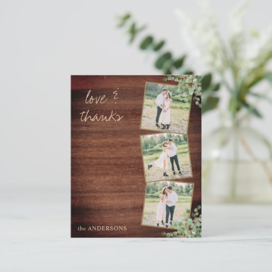 予算素朴の結婚3枚の写真サンキューカード (スタンド正面)