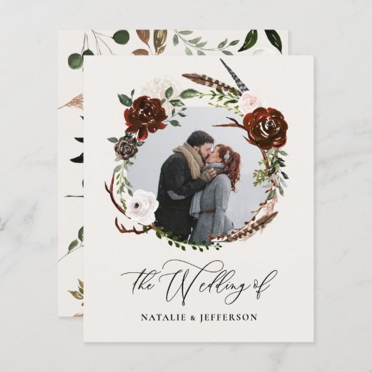 予算素朴の葉結婚式招待状 (正面/裏面)