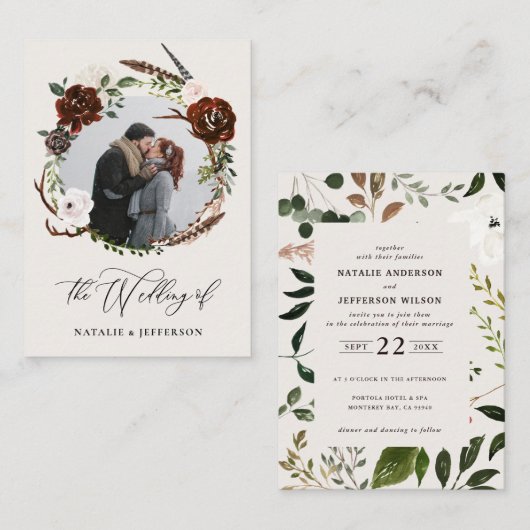 予算素朴の葉結婚式招待状 ノートカード (正面/裏面)