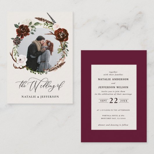 予算素朴フローラリース結婚式招待状 ノートカード (正面/裏面)