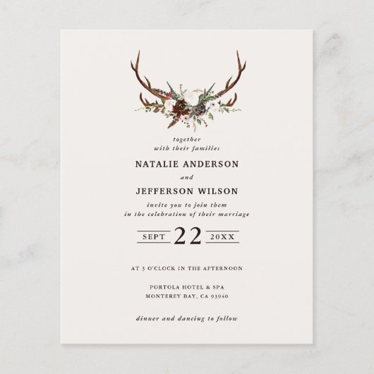 予算素朴フローラstag〔雄ジカの〕枝角結婚式の招待 (正面)