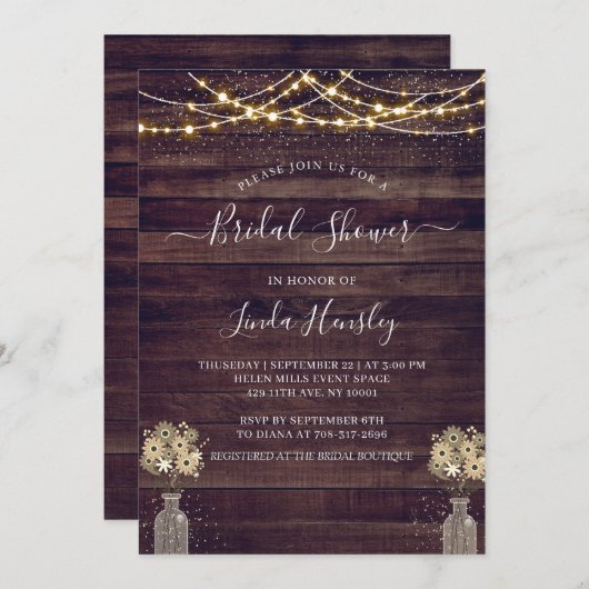 予算素朴木材フローラ照明ブライダルシャワーInv 招待状 (正面/裏面)