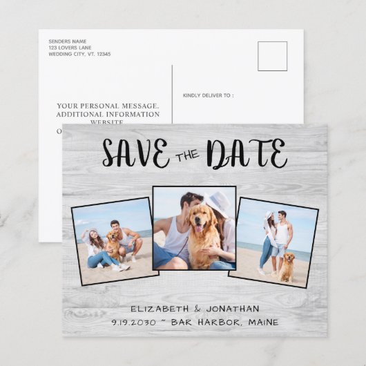 予算素朴木材3写真結婚式の日付を保存 (正面/裏面)