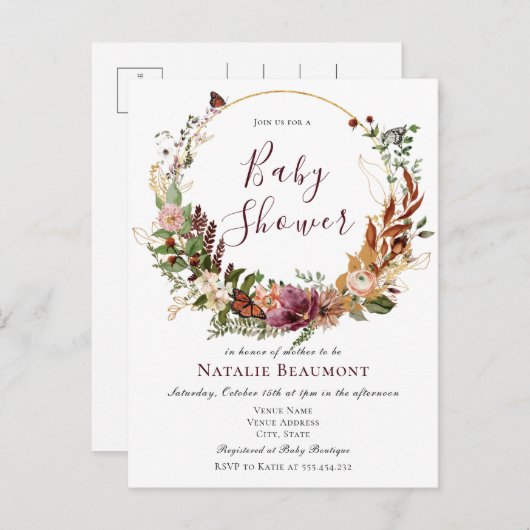 予算素朴秋フローラと緑のベビーシャワー インビテーションポストカード (正面/裏面)