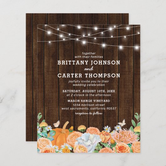 予算素朴秋フローラ結婚式招待状 (正面/裏面)