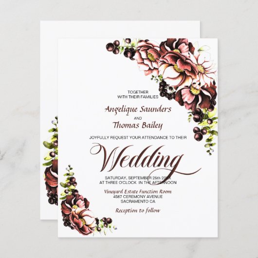 予算素朴秋フローラ結婚式招待状 (正面/裏面)