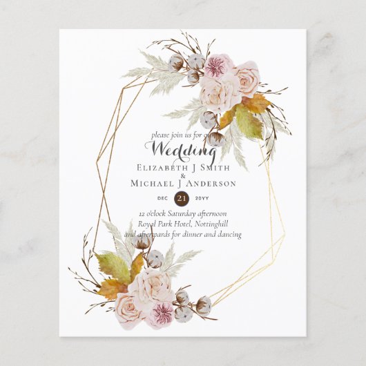 予算素朴赤面ピンクのフローラ結婚式の招待 (正面)