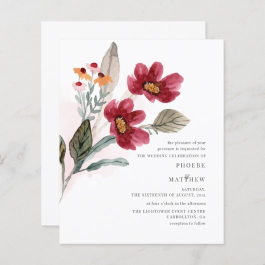 予算素朴開花結婚式招待状 (正面/裏面)