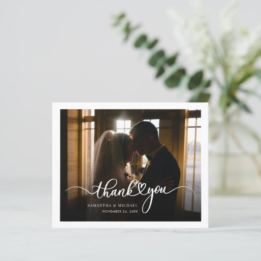 予算結婚の写真の手書きサンキューカード (スタンド正面)