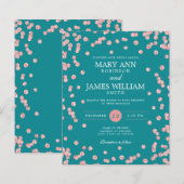 予算結婚バラ金ゴールドグリッターティール（緑がかった色）招待状 (正面/裏面)