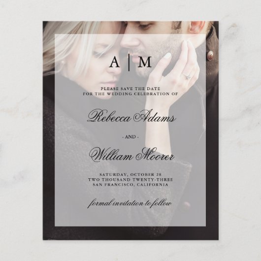 予算結婚式の保存日付 |オーバーレイ付き写真 チラシ (正面)