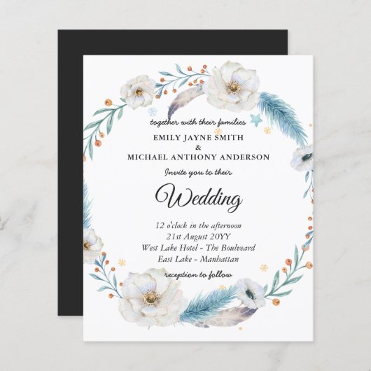 予算結婚式招待状ウィンターブルーフローラ (正面/裏面)