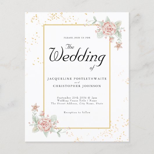 予算結婚式招待状ピンクピーニーフライヤー チラシ (正面)