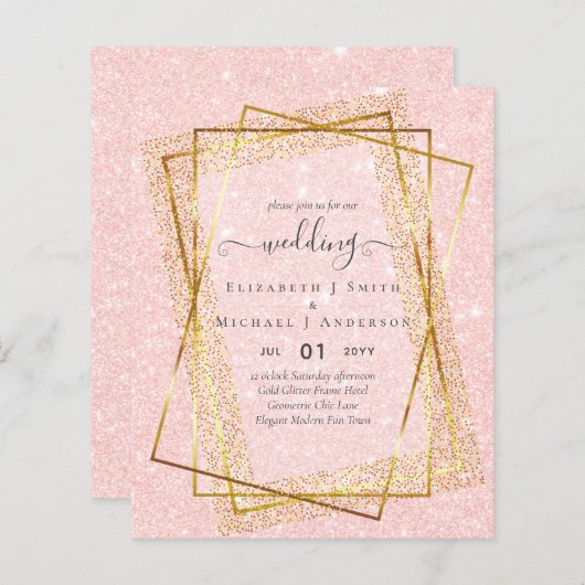 予算結婚式招待状金ゴールドグリッター幾何学的 (正面/裏面)
