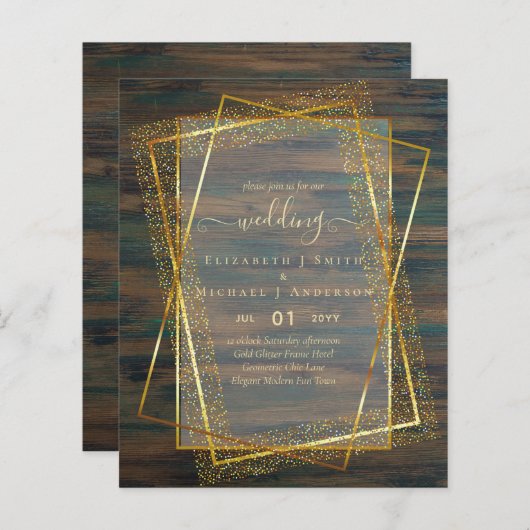 予算結婚式招待状金ゴールドグリッター幾何学的 (正面/裏面)
