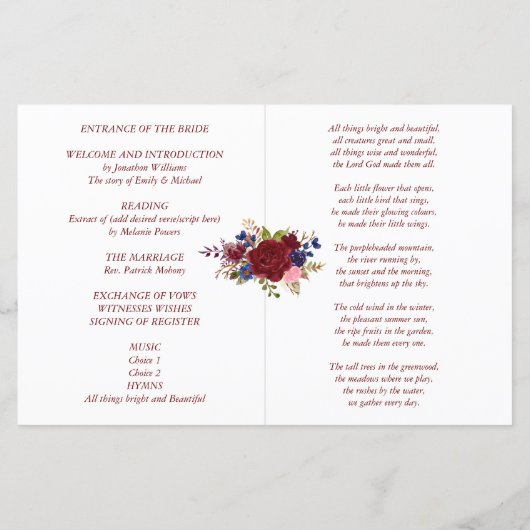 予算結婚式 プログラムブルガンディーブルーバラ花 (裏面)