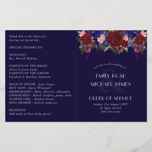 予算結婚式 プログラムブルガンディーブルーバラ花 (正面)