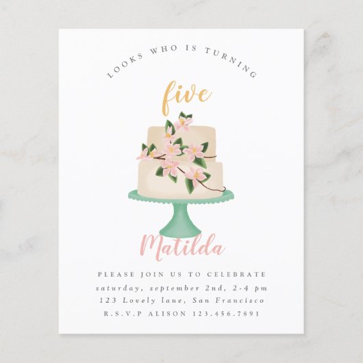 予算編集可能お誕生日ケーキパーティの招待状 チラシ (正面)