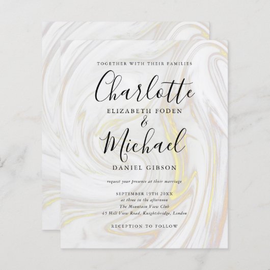 予算署名スクリプト大理石結婚式招待状 (正面/裏面)