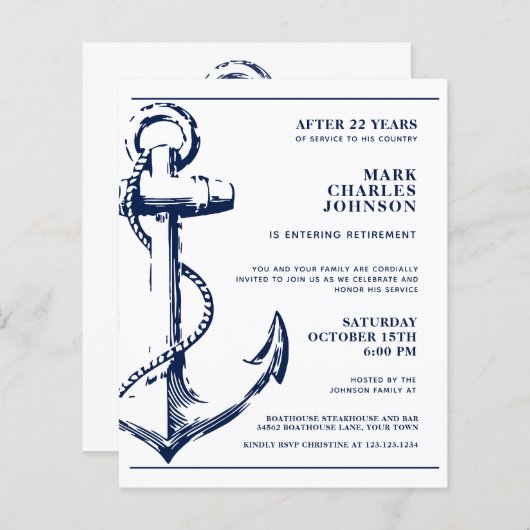 予算航海のいかり海軍の退職招待状 (正面/裏面)