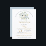 予算花模様50th Birthday Partyへの招待<br><div class="desc">4.5インチx 5.6インチの低価格の代替品。デフォルトのオプションであるセミグロス110 lbカードストック(招待状の場合は厚い)またはサテン仕上げ80 lbシンナー紙ストック（エンクロージャの場合は理想的）で利用可能。封筒はオプションの追加カードで、カードサイズより少し大きい。お客様フェミニンを50歳の誕生日パーティーに招待状するためのスタイル、白い花とユーカリの簡単の素朴な花束と葉、お客様の詳細にパーソナライズするためのであるスタイリッシュタイポグラフィ。反対側の青い背景は、青い背景と座標を結葉合す。色を好みの色に変違う更しもし、更なるオプションで希望するもし文字の色に変更すカスタマイズることができる。</div>