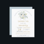 予算花模様70th Birthday Partyへの招待<br><div class="desc">4.5インチx 5.6インチの低価格の代替品。デフォルトのオプションであるセミグロス110 lbカードストック(招待状の場合は厚い)またはサテン仕上げ80 lbシンナー紙ストック（エンクロージャの場合は理想的）で利用可能。封筒はオプションの追加カードで、カードサイズより少し大きい。お客様エレガントの70歳の誕生日パーティーに招待状するためのスタイルは、白い花とユーカリの簡単の素朴な花束と葉、お客様の詳細にパーソナライズするためのタイポグラフィスタイリッシュ。反対側の青い背景は、青い背景と座標を結葉合す。色を好みの色に変違う更しもし、更なるオプションで希望するもし文字の色に変更すカスタマイズることができる。</div>