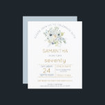 予算花模様70th Birthday Partyへの招待<br><div class="desc">4.5インチx 5.6インチの低価格の代替品。デフォルトのオプションであるセミグロス110 lbカードストック(招待状の場合は厚い)またはサテン仕上げ80 lbシンナー紙ストック（エンクロージャの場合は理想的）で利用可能。封筒はオプションの追加カードで、カードサイズより少し大きい。お客様エレガントの70歳の誕生日パーティーに招待状するためのスタイルは、白い花とユーカリの簡単の素朴な花束と葉、お客様の詳細にパーソナライズするためのタイポグラフィスタイリッシュ。反対側の青い背景は、青い背景と座標を結葉合す。色を好みの色に変違う更しもし、更なるオプションで希望するもし文字の色に変更すカスタマイズることができる。</div>