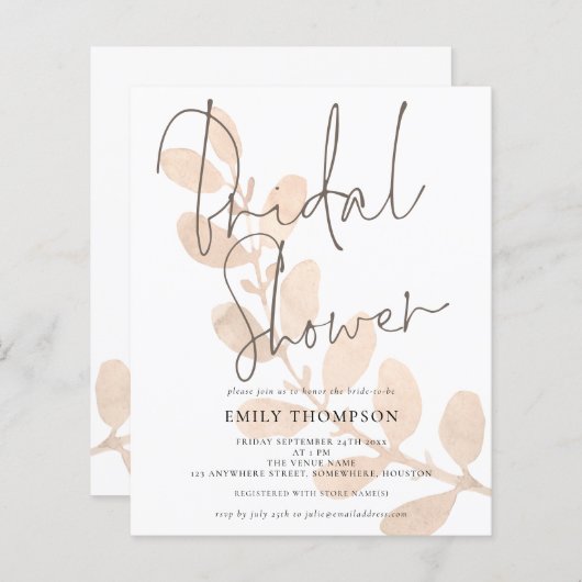 予算葉のScript Bridal Shower Invitation (正面/裏面)